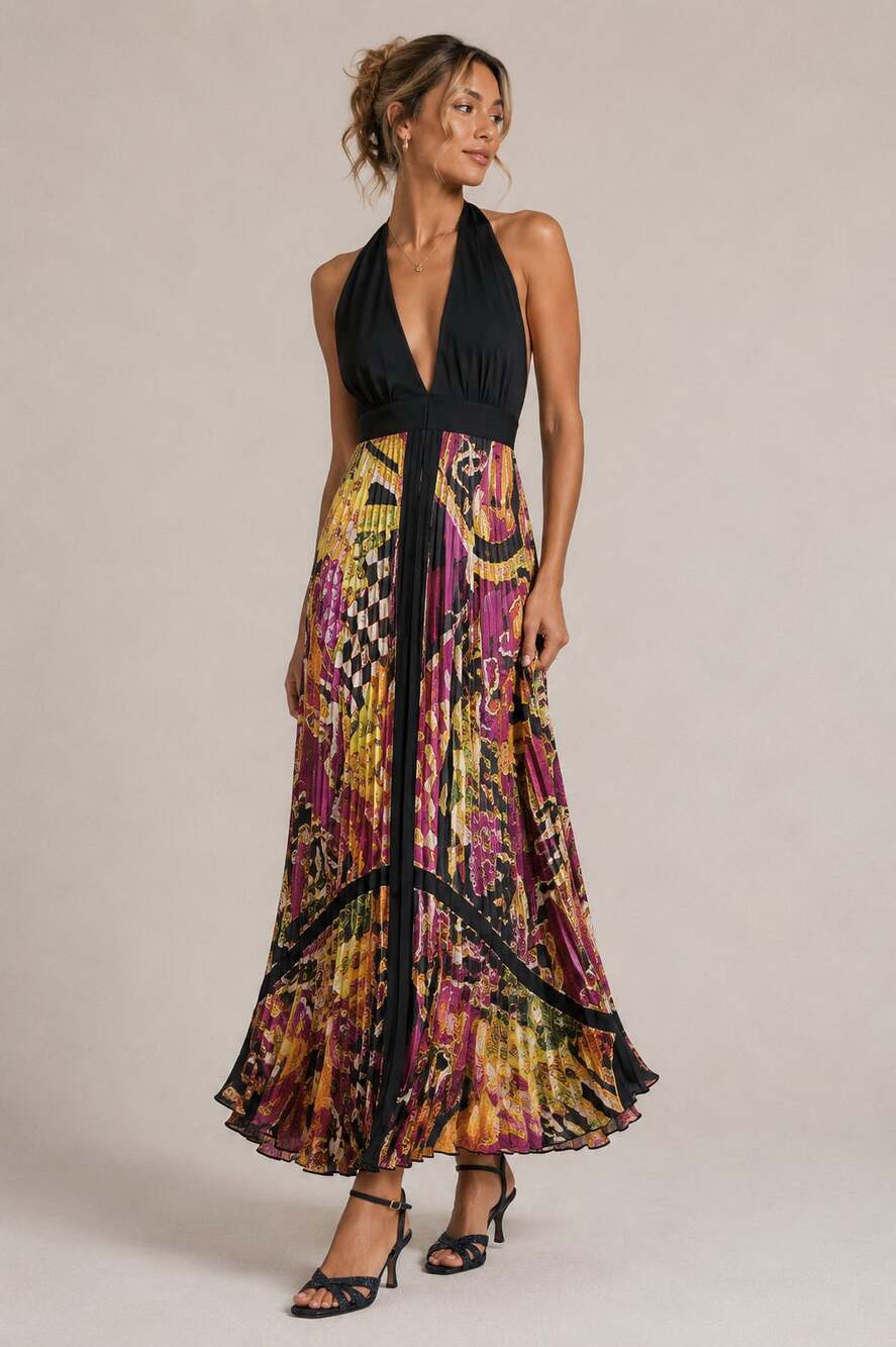 Cache Vintage Y2K Halter Maxi Dress Womens 2 Silk Pleated Mixed Print Rivera